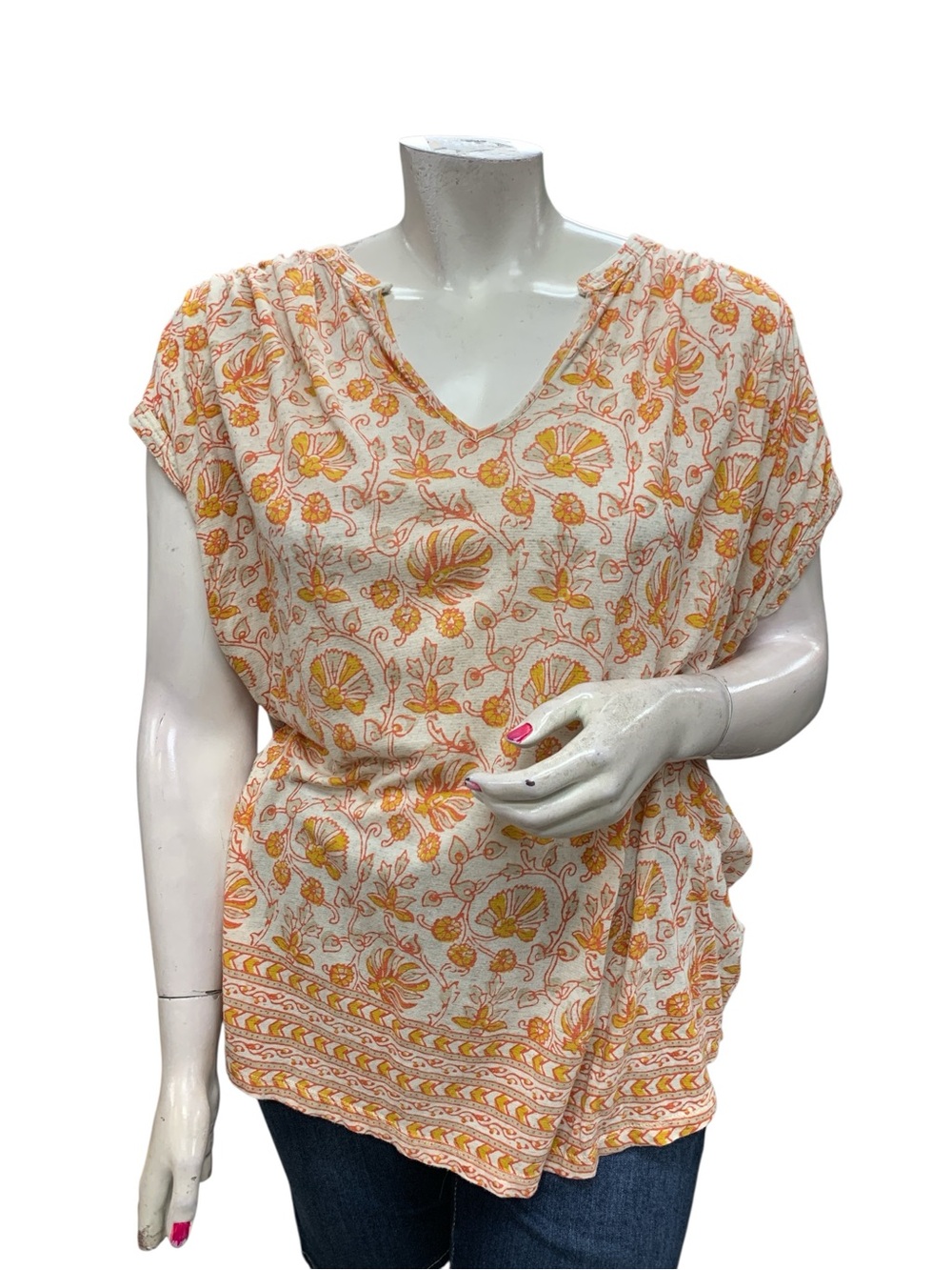 Lucky Brand Cream Floral V-Neck Tunic with Orange Accents Size 2X